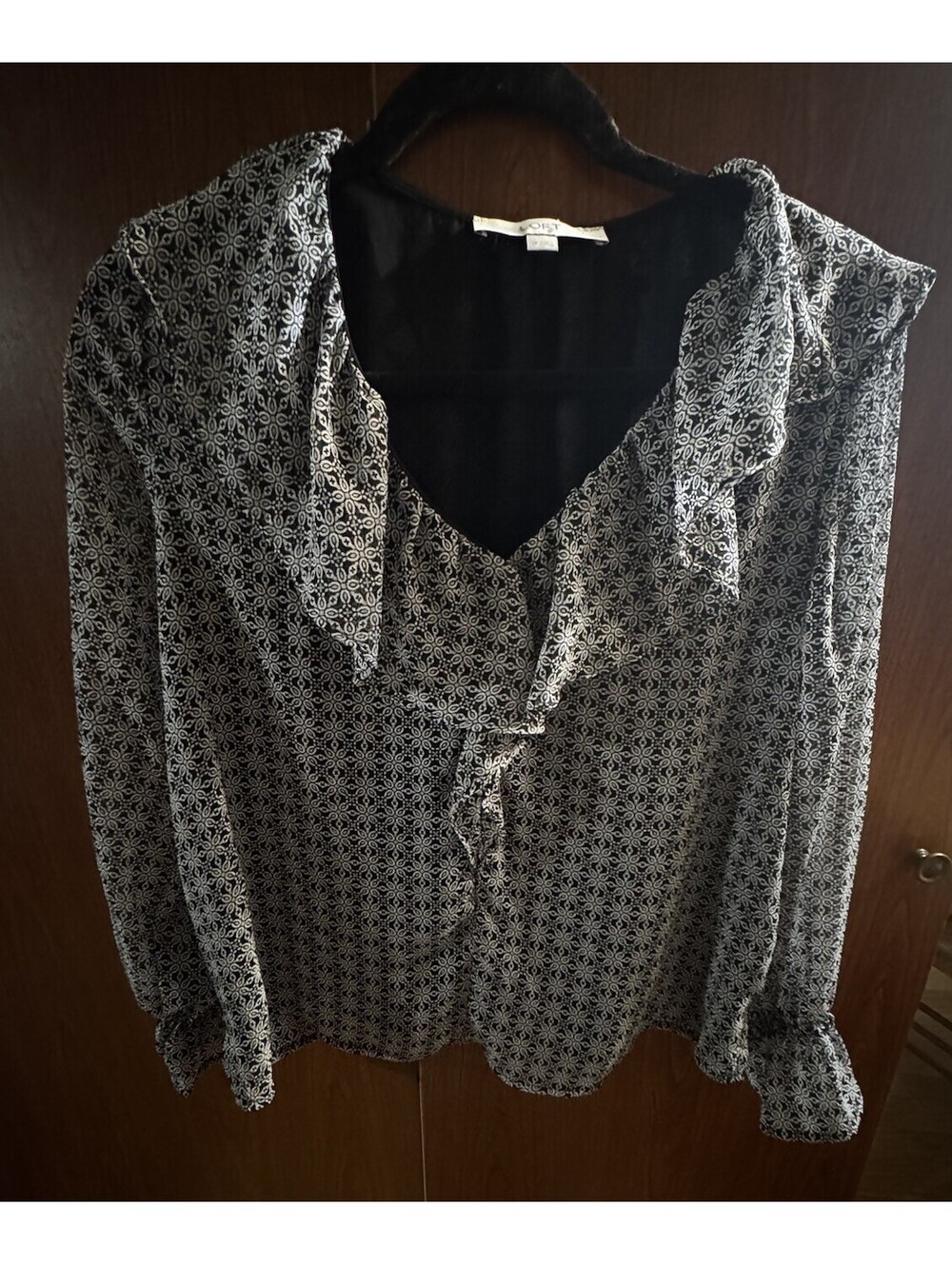 LOFT Womens SP Petite Black Cream Ruffle V Neck Blouse Long Sleeve Flowy Top